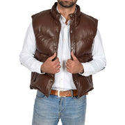 Mens Quilted Leather Waistcoat Body Warmer Gilet Jeff Brown Open 2