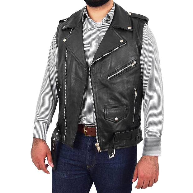 Mens Cowhide Leather Biker Waistcoat Sleeveless Brando Style Gilet Hurley Black Open 1