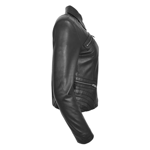 Ladies Soft Leather Jacket Fitted Collared Zip Fasten Biker Style Leah Black Side