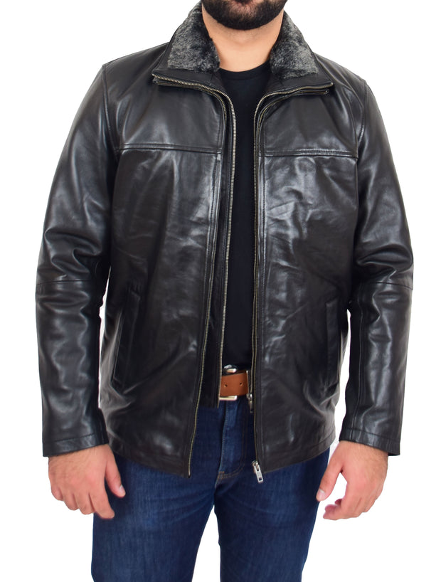 Mens Soft Black Nappa Leather Jacket Zip Box Detachable Front Collar Regular Fit Derek 5