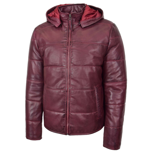 Mens Real Leather Puffer Jacket Fully Padded With Hood DRACO Burgundy 6