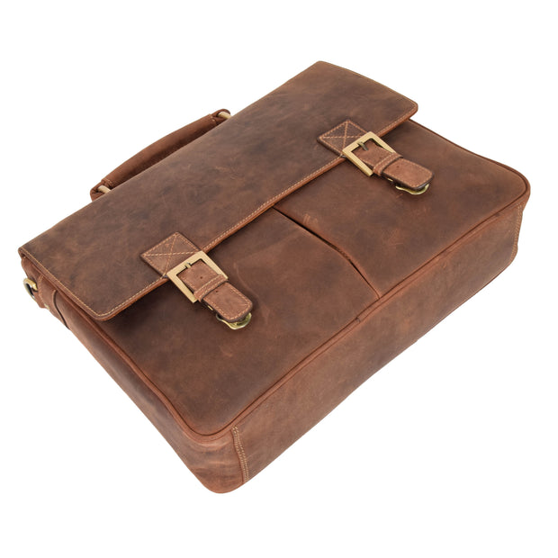 Mens REAL Leather Briefcase Vintage Look Satchel Shoulder Bag A167 Tan Back Letdown