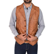 Mens Genuine Soft Leather Waistcoat Western Vest Yelek Rhys Tan Open