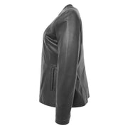 Womens Collarless Black Leather Jacket Round Neck Semi Fit Chelo Side