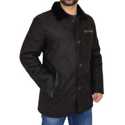 Mens Genuine Sheepskin Jacket Shearling 3/4 Long Coat Hank Brown Front 2