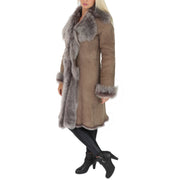 Womens Luxurious Toscana Long Coat Real Sheepskin Pamela Taupe Full