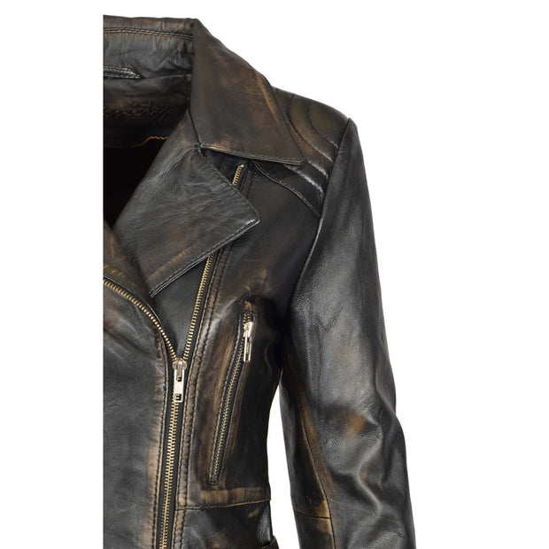 Womens Biker Leather Jacket Slim Fit Cut Hip Length Coat Coco Rub Off Feature 1