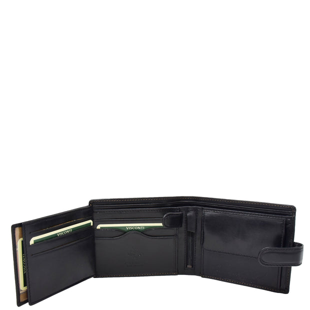 Mens Genuine Italian Leather Snap Closure Wallet AVZ5 Black Open 3