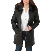 Womens Quilted 3/4 Long Parka Leather Coat with Hood Kelly Black Open