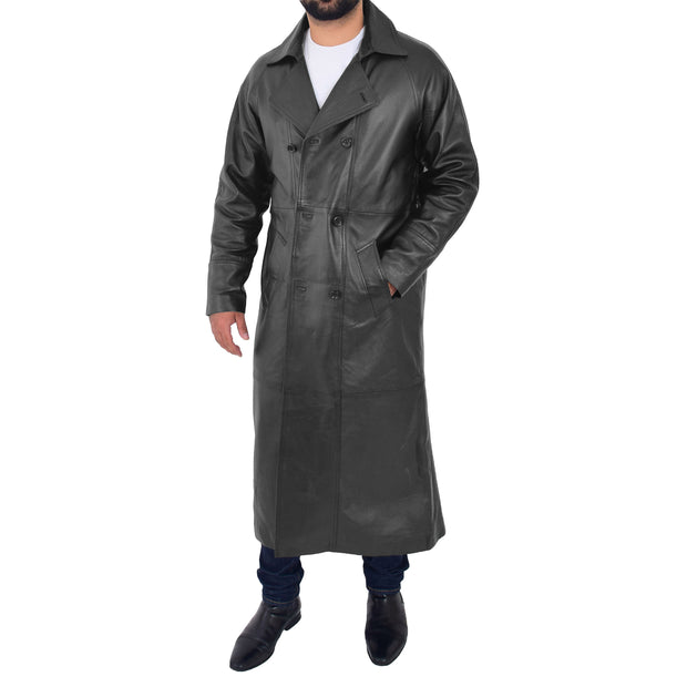 Mens Full Length Leather Coat Black Long Trench Overcoat Terry Front Open 2