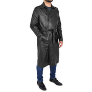 Mens Trench Leather Coat 3/4 Long Black Reefer Overcoat Sherlock Front Side 1
