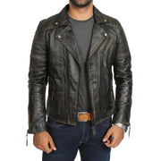 Mens Real Leather Biker Jacket Vintage Black Rub Off Slim Fit Coat Max