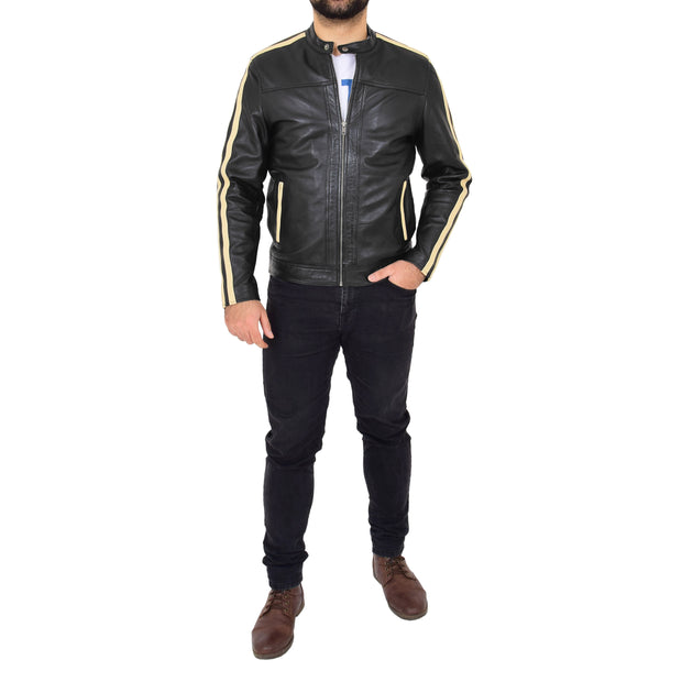 Mens Black Leather Biker Casual Contrasting Stripes Jacket Butch Full
