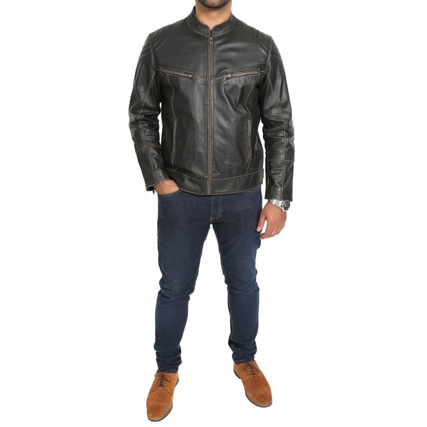 Mens Biker Style Leather Jacket Vintage Rub Off Effect Matt Brown full view