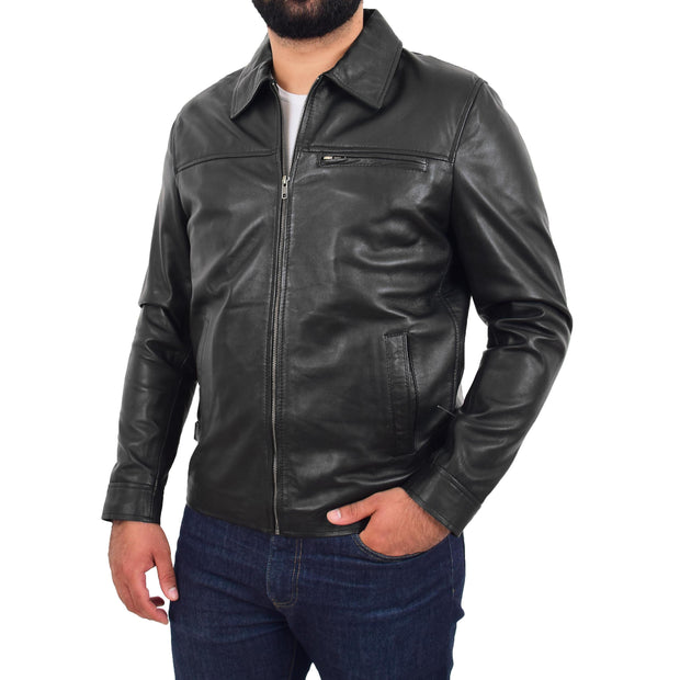 Mens Leather Jacket Genuine Soft Black Zip Fasten Box Style Sean