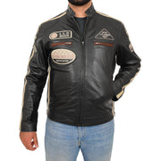Mens BLACK Leather Biker Jacket Slim Fit Motor Sports Badges Coat Wayne Front
