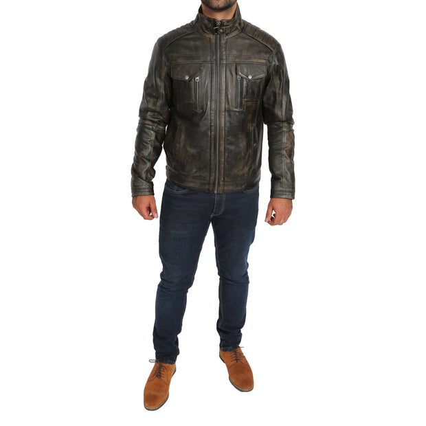 Mens Fitted Washed Biker Vintage Leather Aron Rub Off Full