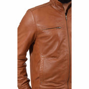 Mens Genuine Leather Biker Jacket Fitted Zip Up Coat Felix Tan Feature
