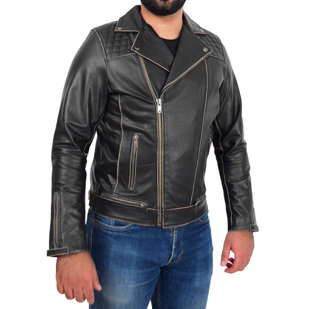 Mens Slim Fit Rub Off Biker Leather Jacket Brando Distressed Rugged Cowhide Cruz Front 2