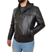 Mens Real Black Leather Hooded Jacket Sports Fitted Biker Style Coat Barry Front Side 1