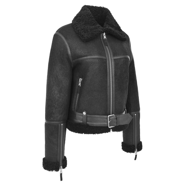 Womens Luxurious Genuine Sheepskin Flying Jacket Real Black Shearling Harriet Front 2