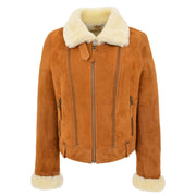 Womens Real Sheepskin Jacket Cognac Merino Shearling Coat Poppy Front 2