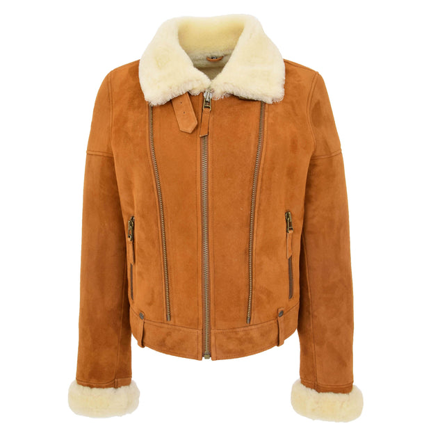 Womens Real Sheepskin Jacket Cognac Merino Shearling Coat Poppy Front 2