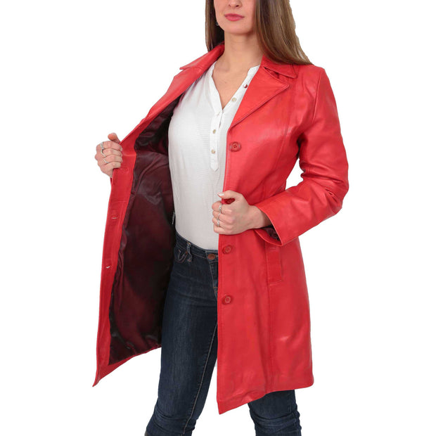 Womens 3/4 Button Fasten Leather Coat Cynthia Red Lining