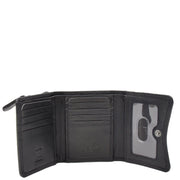 Womens Trifold Genuine Leather Purse Compact Clutch Style Wallet AL16 Black Open 1