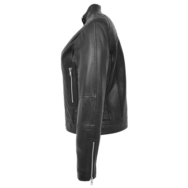 Womens Soft Black Leather Biker Jacket Designer Stylish Fitted Quilted Celeste Side