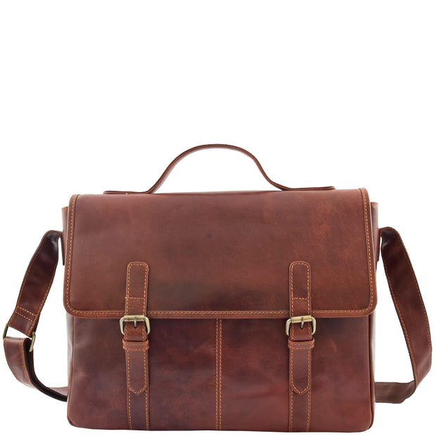Mens Genuine Leather Briefcase Satchel Laptop Business Bag Major Brown Front 1