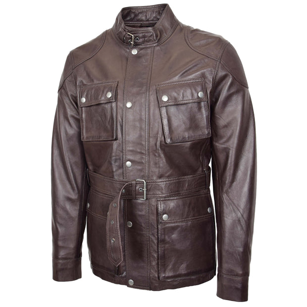 Mens Soft Genuine Leather Trendy Safari Jacket with Waist Belt DAX Brown 5