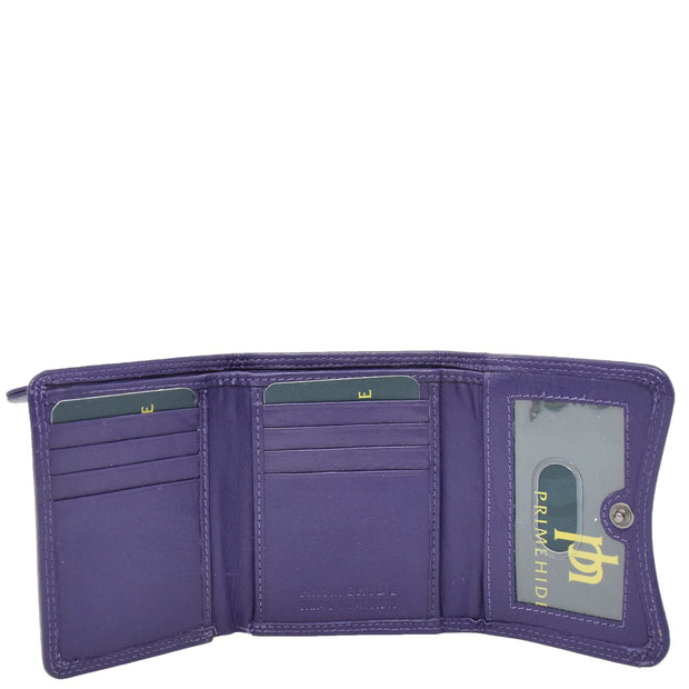 Womens Trifold Genuine Leather Purse Compact Clutch Style Wallet AL16 Purple Open 1