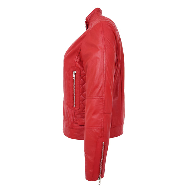 Womens Soft Red Leather Biker Jacket Designer Stylish Fitted Quilted Celeste Side