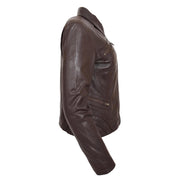 Ladies Soft Leather Jacket Fitted Collared Zip Fasten Biker Style Leah Brown Side