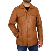 Mens Soft Cognac Leather Reefer Blazer Jacket Parker Front 1