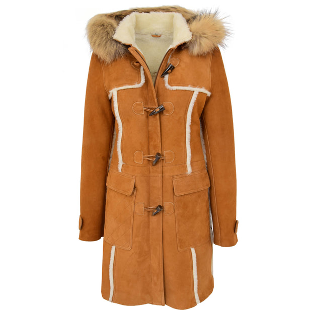 Womens Genuine Sheepskin Duffle Coat Hooded Shearling Jacket Evie Tan Front