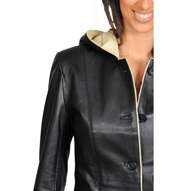 Womens Real Leather Blazer Jacket Mid Length Hooded Coat Eva Black Feature