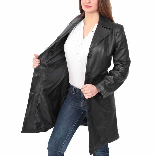 Womens 3/4 Button Fasten Leather Coat Cynthia Black lining