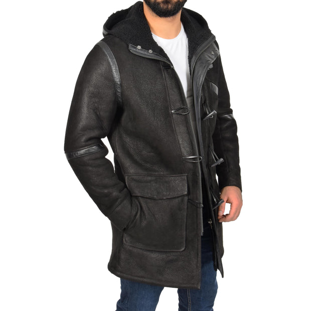 Mens Genuine Sheepskin Duffle Coat 3/4 Long Hooded Jacket Ace Black Front 3