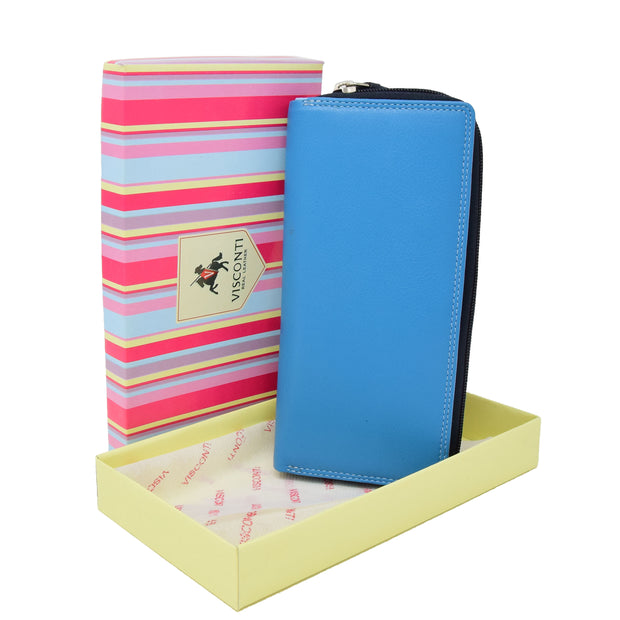 Womens Soft Leather Envelope Clutch Purse Zip Around Wallet AVB55 Blue With Box
