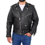 Mens Black Cowhide Biker Jacket With Leather Fringes Belt Tasselled Coat Bill Front