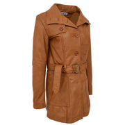 Womens Real Leather Mid Length Trench Parka Coat Alba Tan Side Angle 2