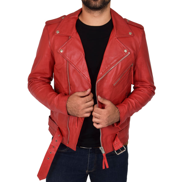 Mens Brando Biker Leather Jacket Elvis Red zip open