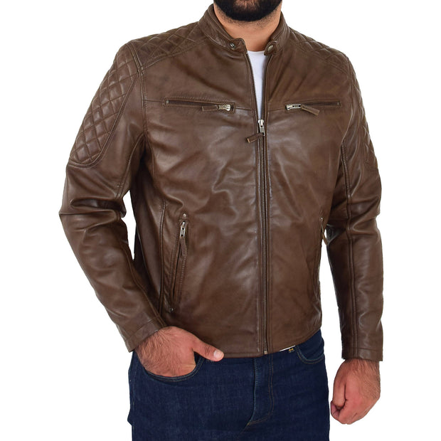 Mens Soft Leather Biker Jacket High Quality Quilted Design Tucker Timber Brown Front 3