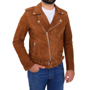 Genuine Suede Leather Biker Jacket For Mens Fitted Brando Coat Jay Cognac Front 2