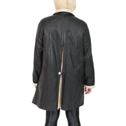 Ladies Parka Leather Coat Black Beige Trim Hooded with Scarf Dress Jacket Pat Back 2
