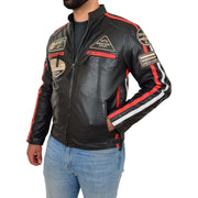 Mens Black Real Leather Biker Jacket Motorsport Racing Badges Designer Coat Frank Front Side