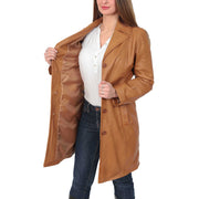 Womens 3/4 Button Fasten Leather Coat Cynthia Tan Lining