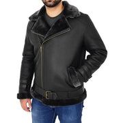 Mens Real Sheepskin Jacket Black X-Zip Aviator Brando Shearling Coat Hugh Front Angle 3